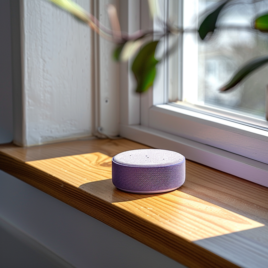 Purple speaker and hockey puck