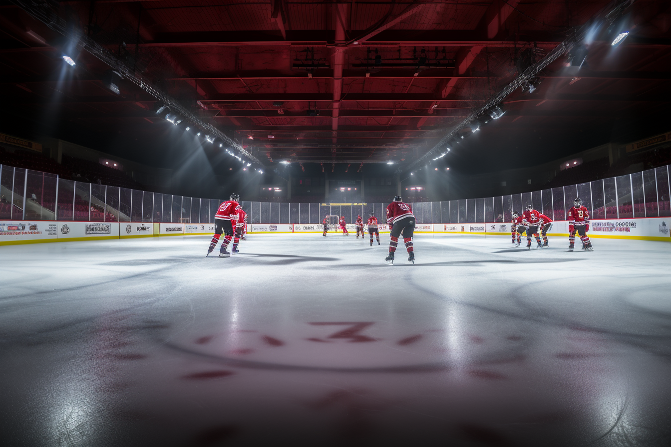 Group of people standing on lit hockey rink