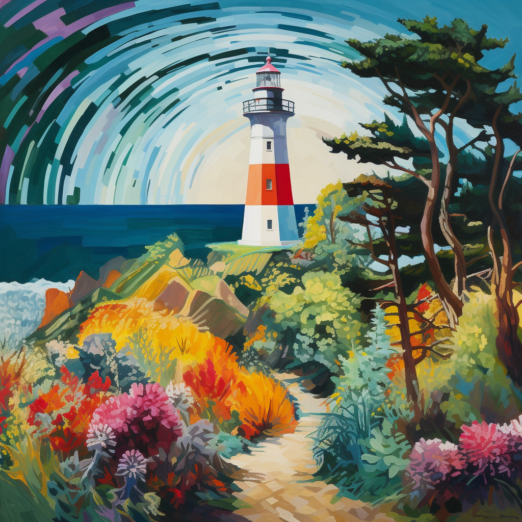 Lighthouse surrounded by trees with visible brushstrokes