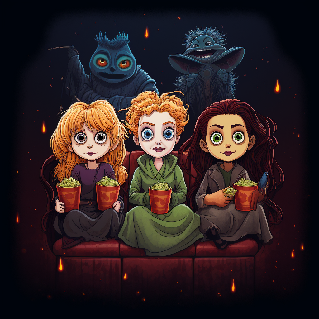 Hocus Pocus characters enjoying a movie together