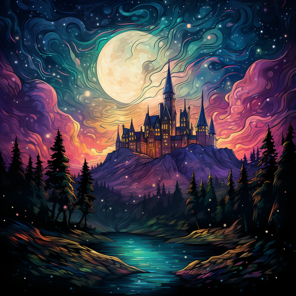 Hogwarts in Aurora Sky Vangoh Style Fullmoon