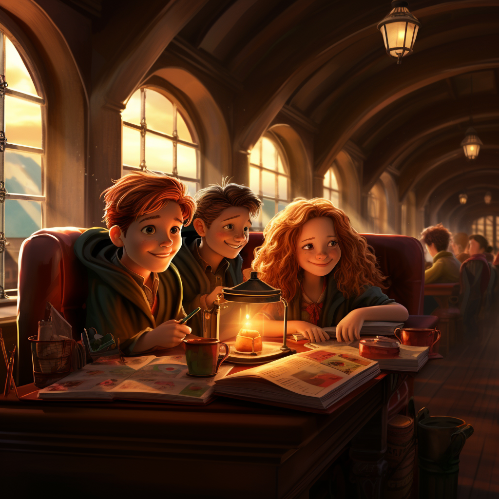 Harry Potter, Ron & Hermione sitting in Hogwart Express