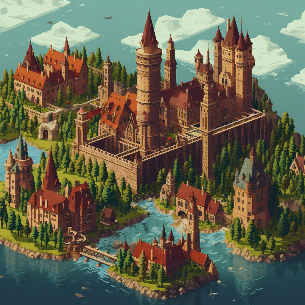 Aerial view of Hogwarts in pixel art