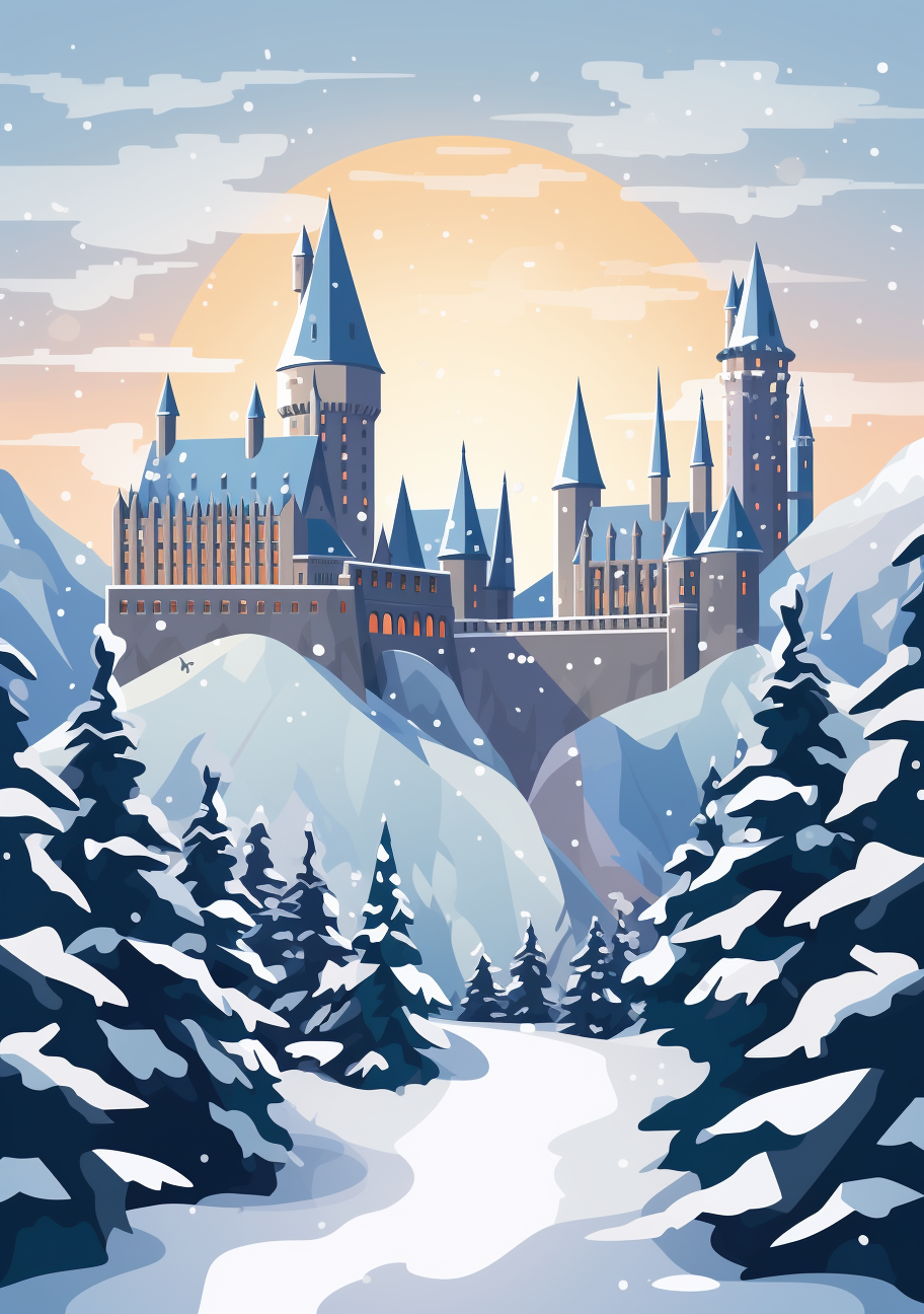 Minimalistic Hogwarts Snowy Day Illustration