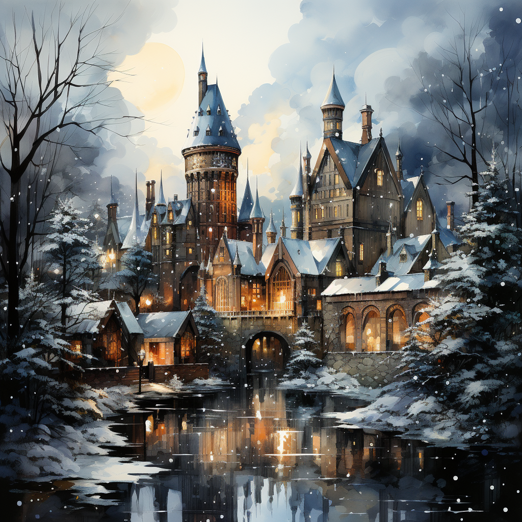 Aquarel illustration of Hogwarts during Christmas