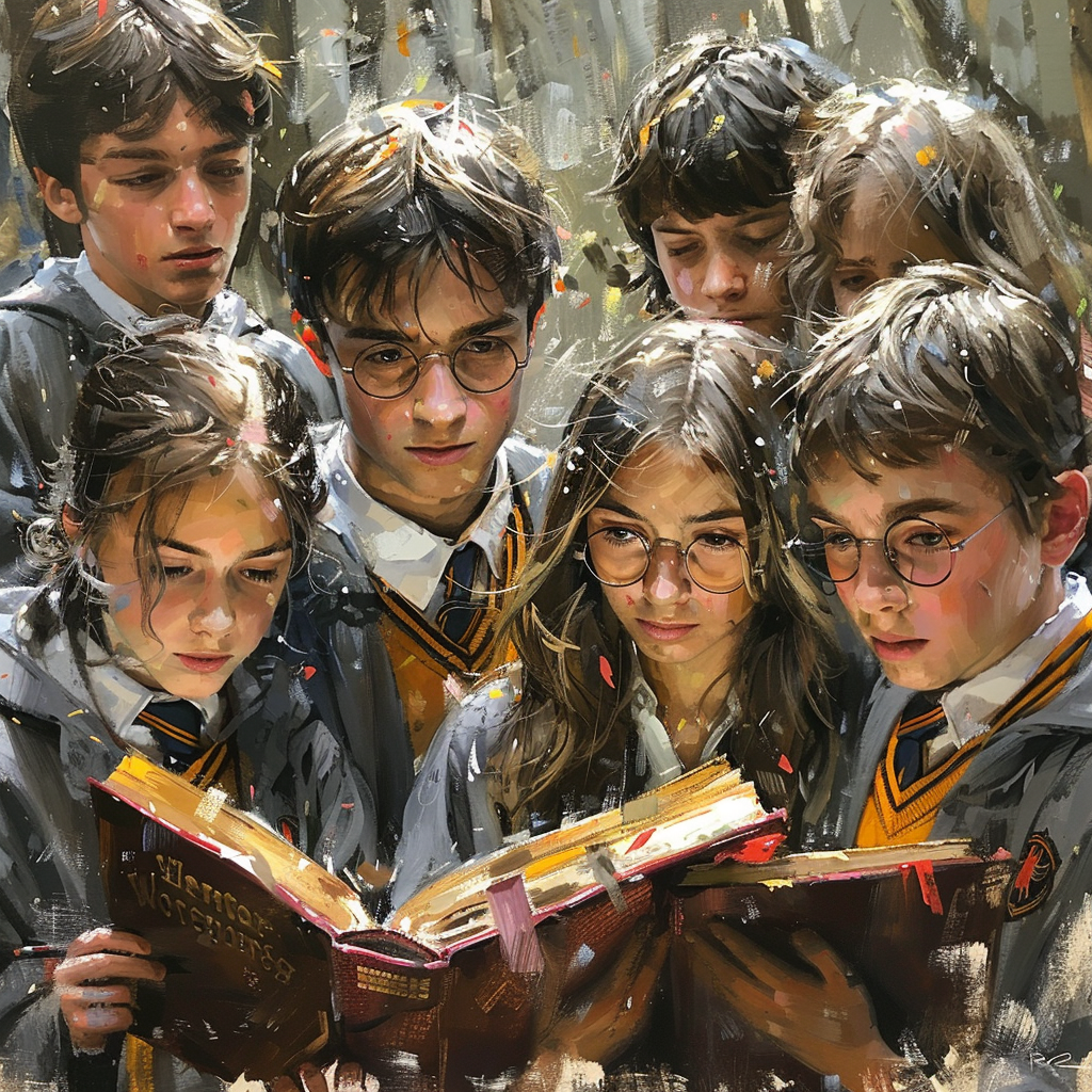 Hogwarts students reading books in wizards uniform