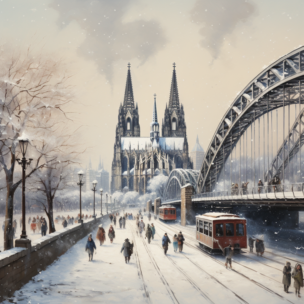 Winter scene with Hohenzollernbrücke, Kölner Dom, and the Rhein