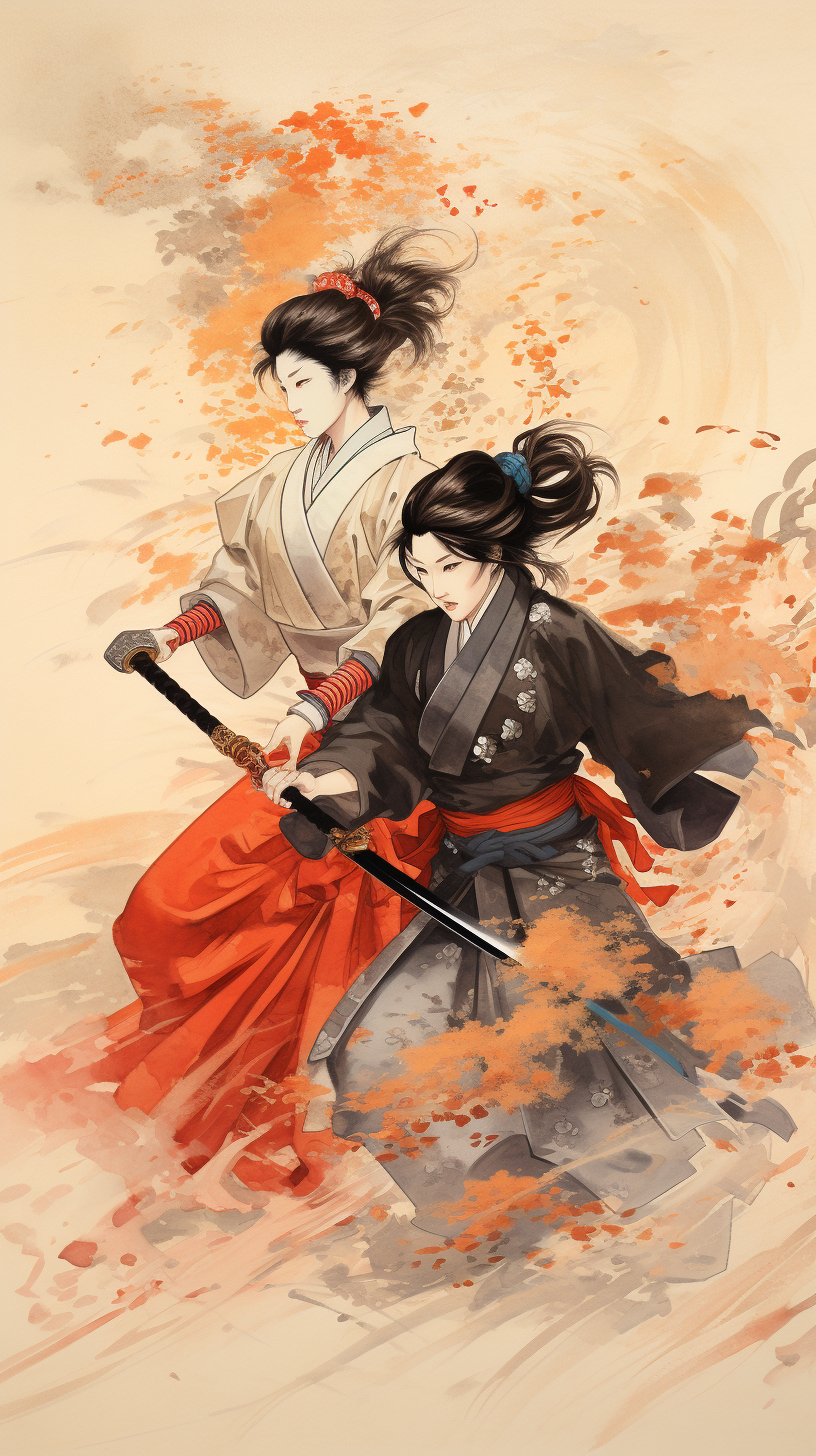 Woman samurai fighting with katana