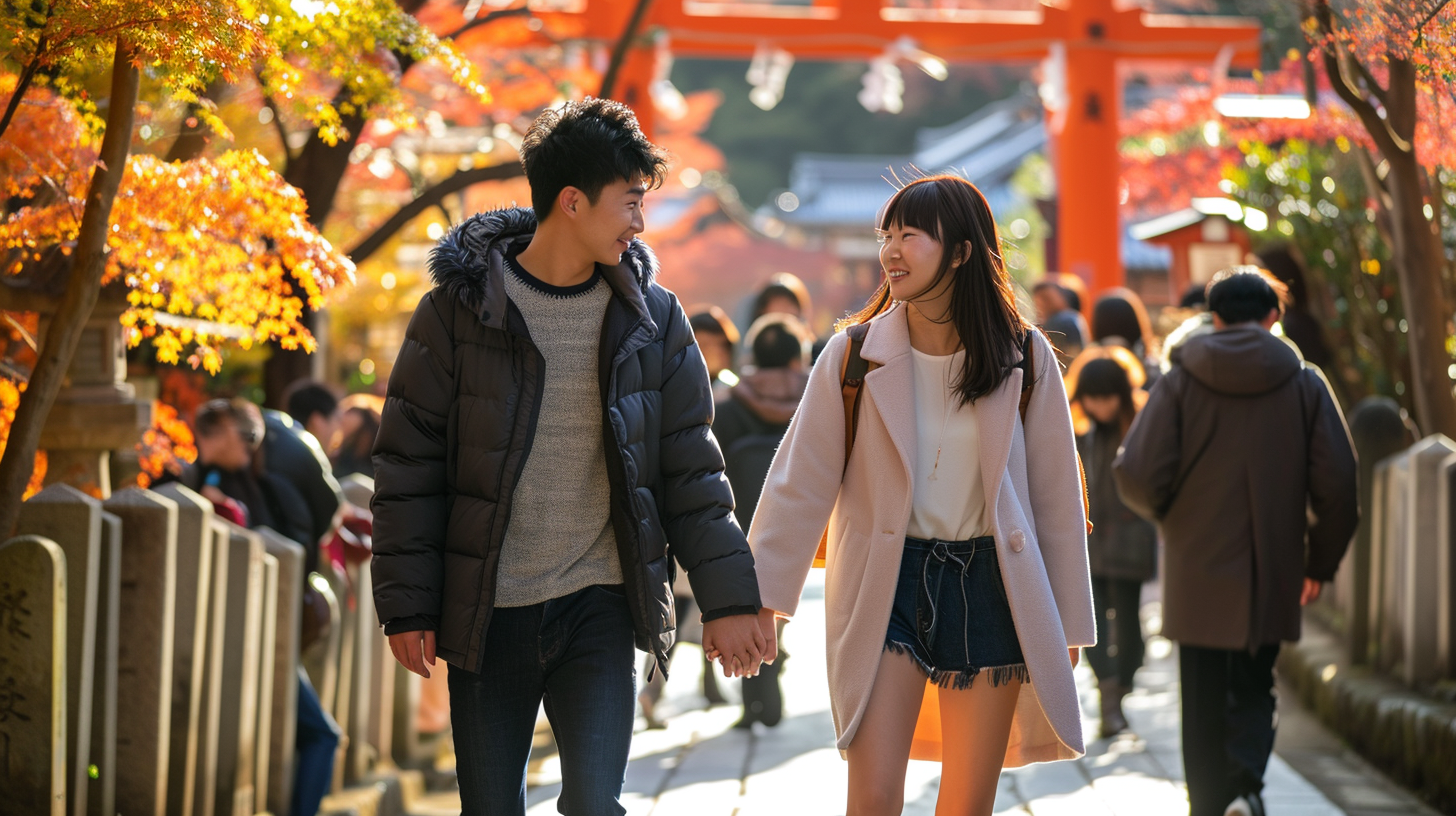 Couple holding hands at Japanese shrine