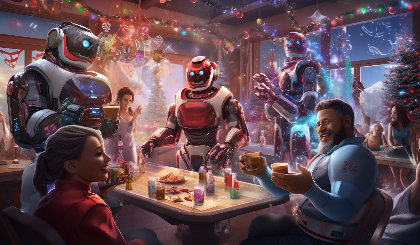 Middle-aged adults and robots conversing at holiday party