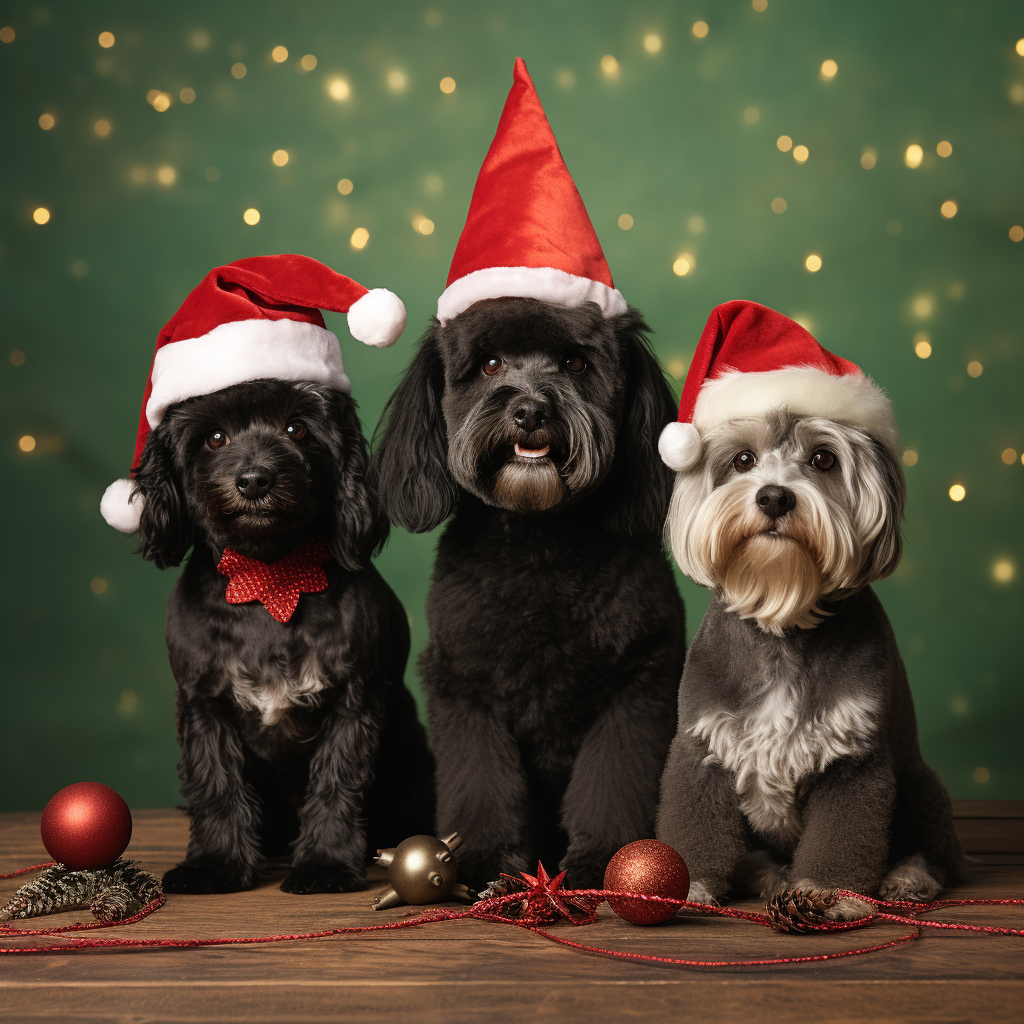 Black poodle, schnauzer, and golden retriever wearing Christmas hats