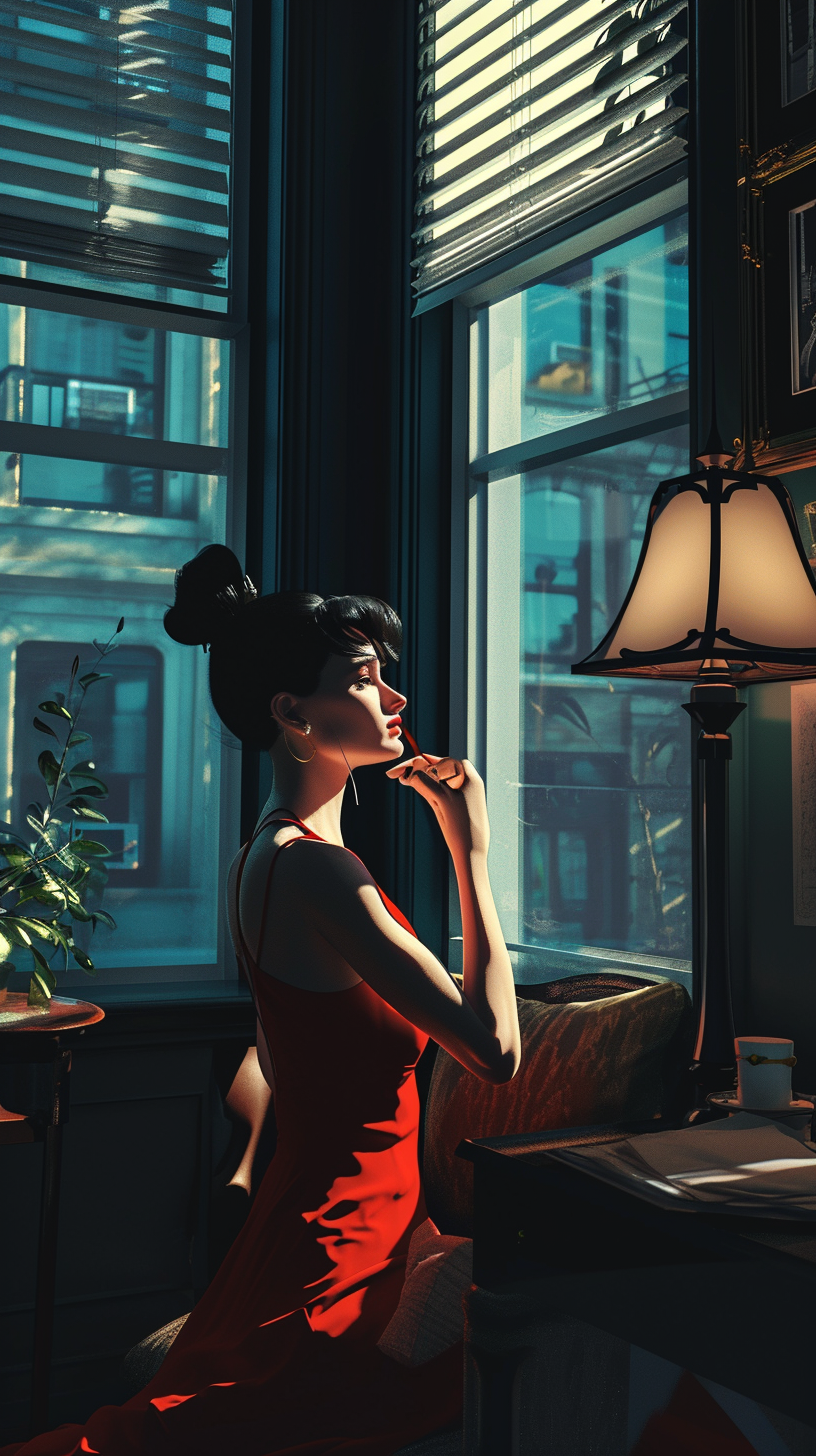 Illustration of Holly Golightly at her New York apartment