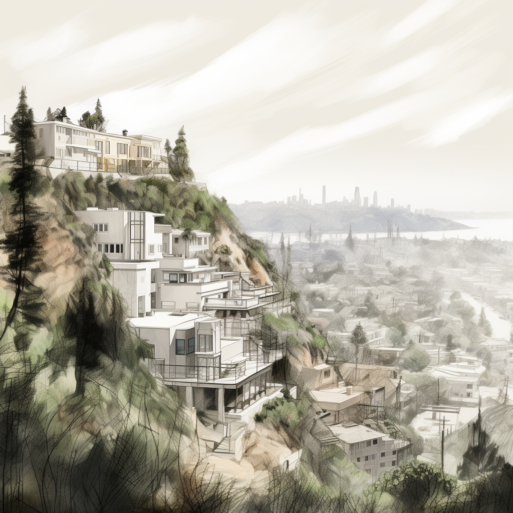 White sketch of Hollywood Hills