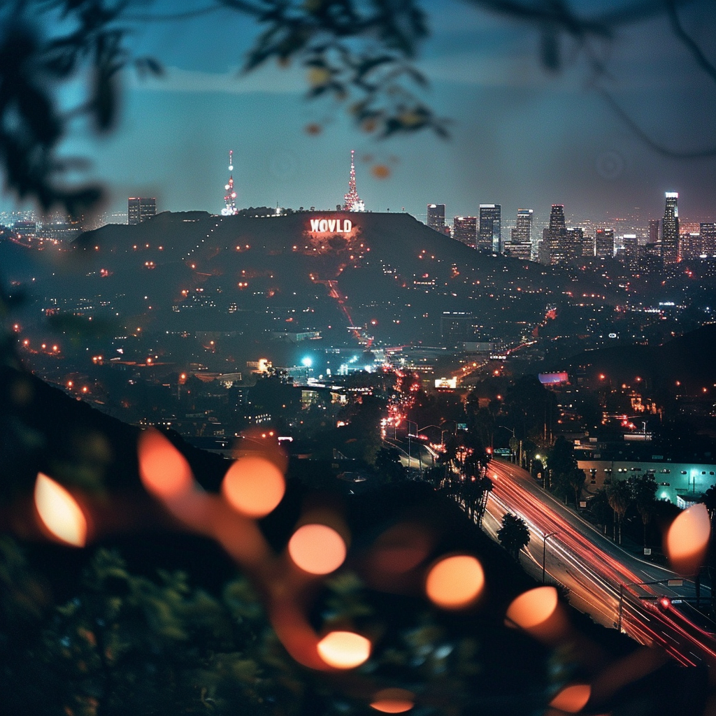 Hollywood sign at night lights