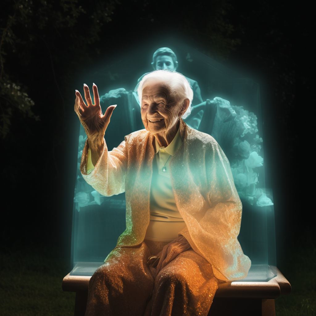 Smiling hologram of elderly grandmother