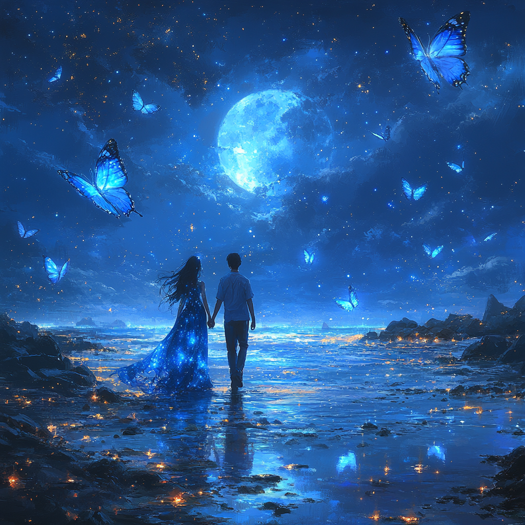 Man and woman on holographic beach