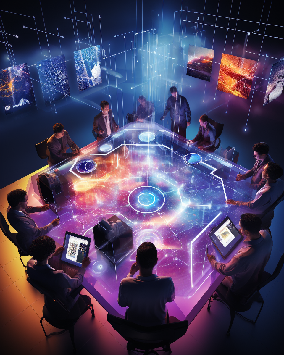 Group discussing holographic AI visuals in conference room