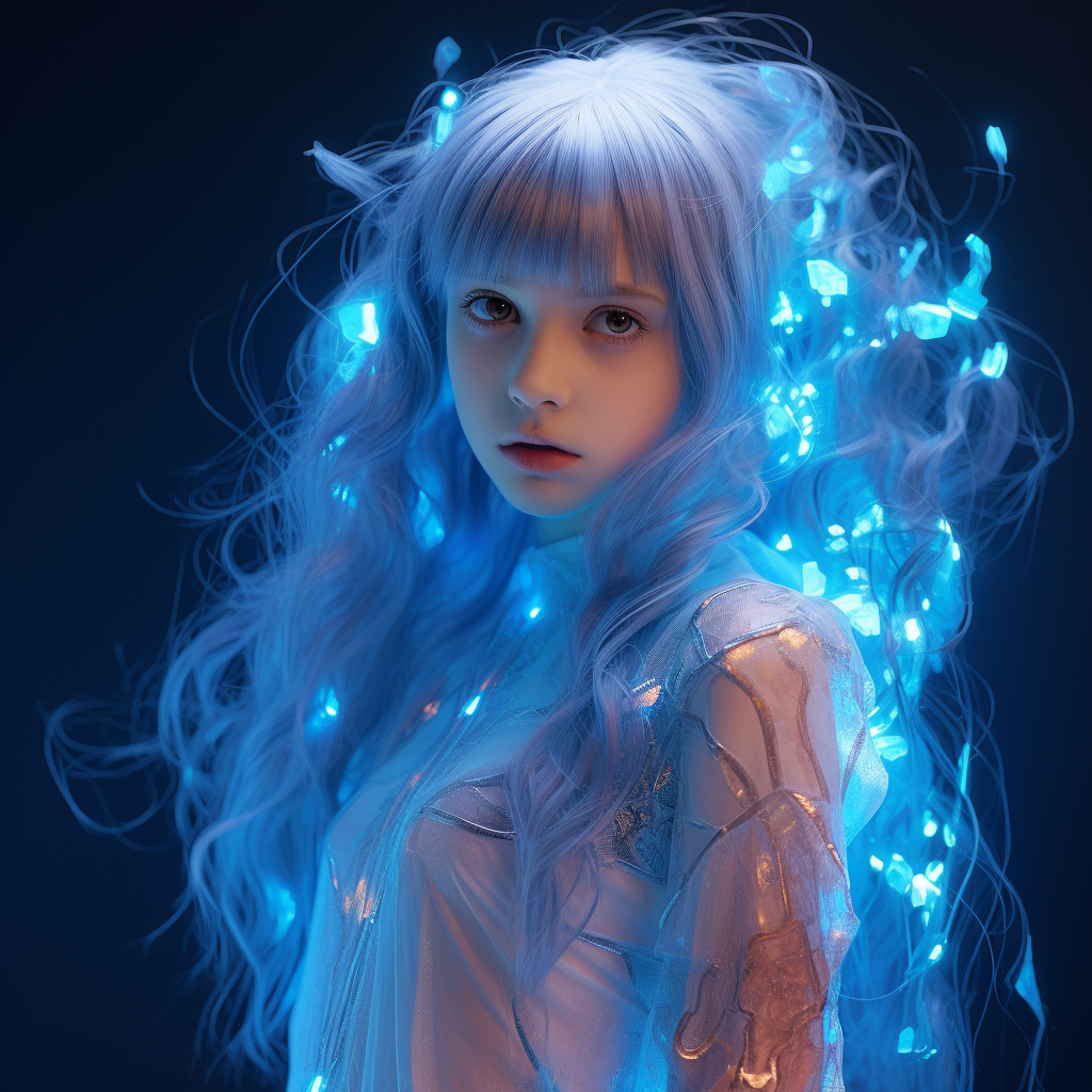 Translucent holographic girl with blue hair in the wind