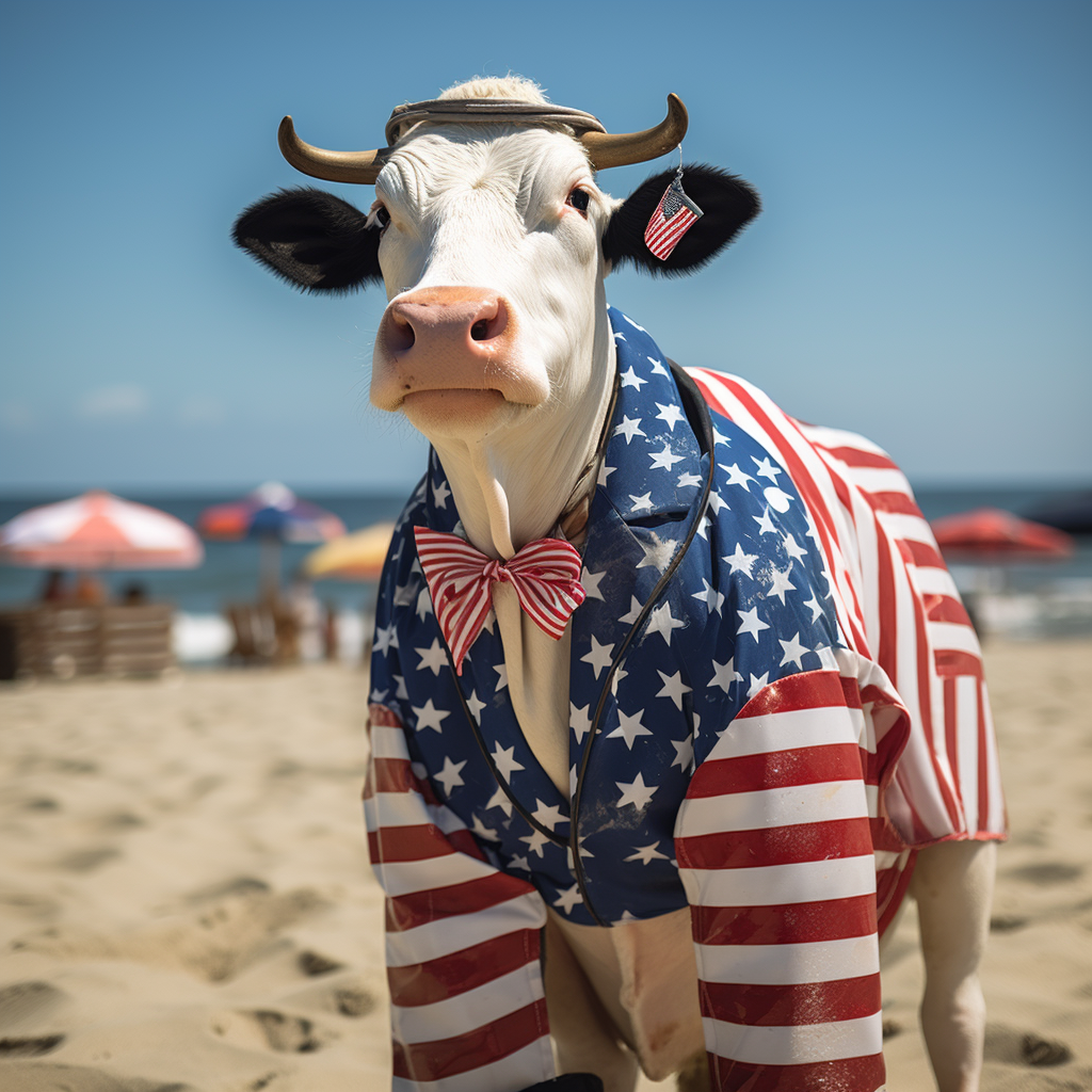 Holstein cow dressed as US lifeguard on beach