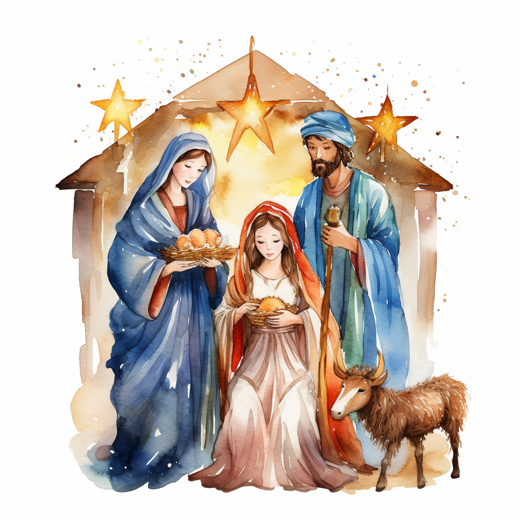 Cartoon Holy Nativity Christmas Watercolor Clipart