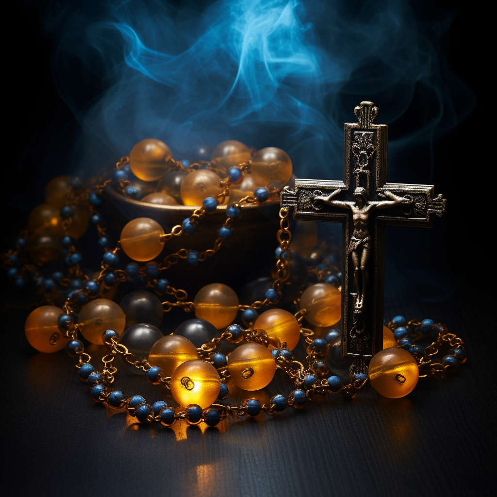 Dark-colored holy rosary with amber beads in blue light