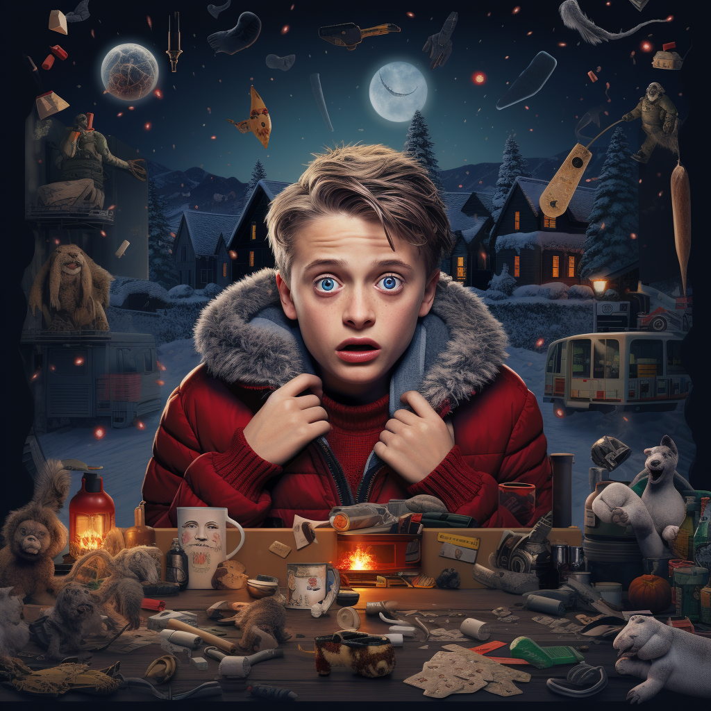 Home Alone Movie Poster with Christmas-themed items