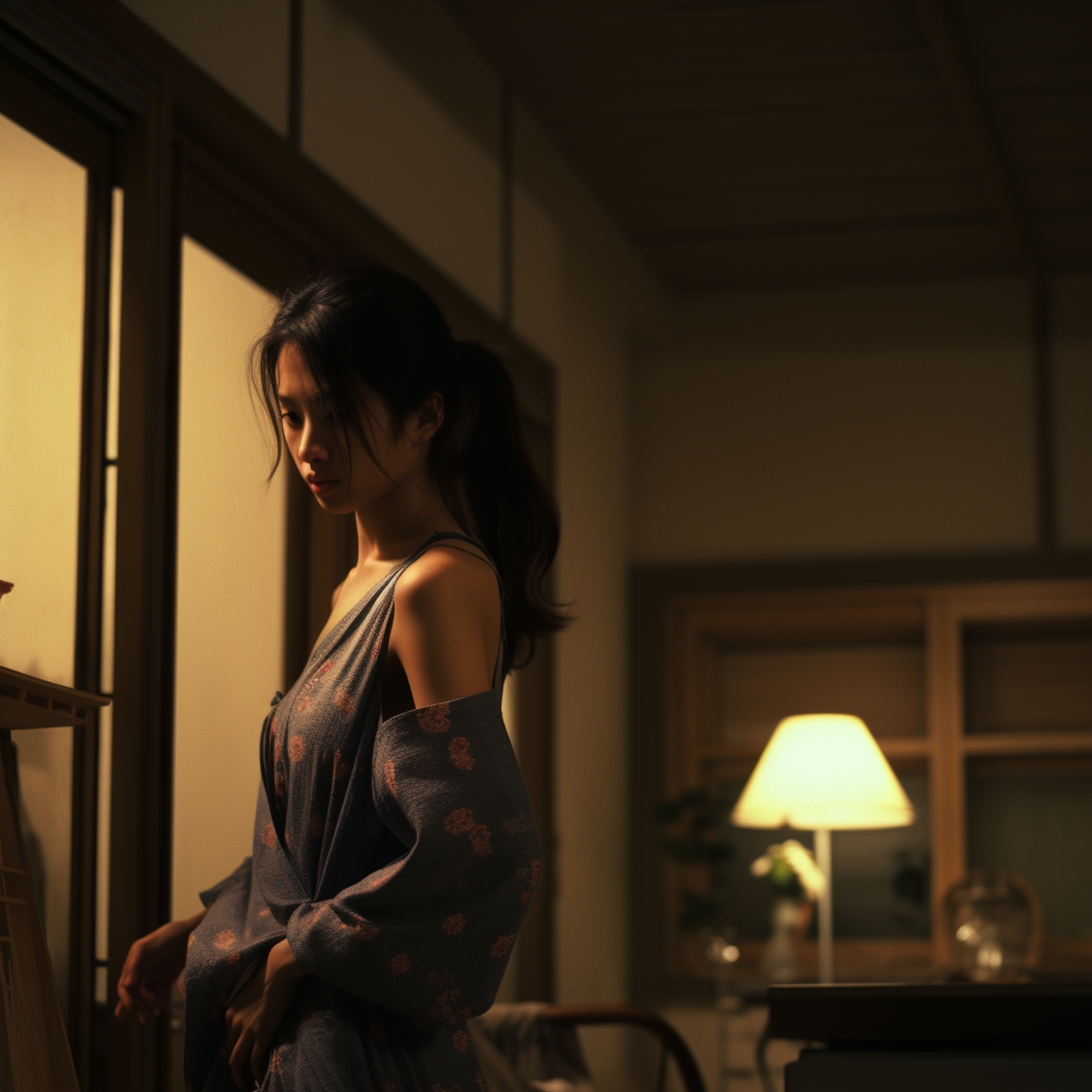 Japanese woman exploring home at night