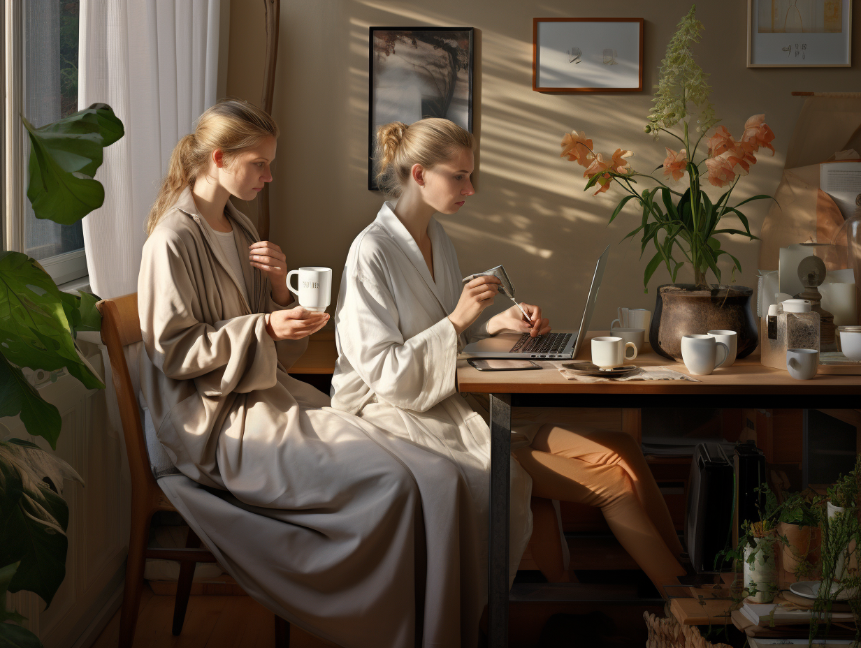 Two women drinking coffee while working