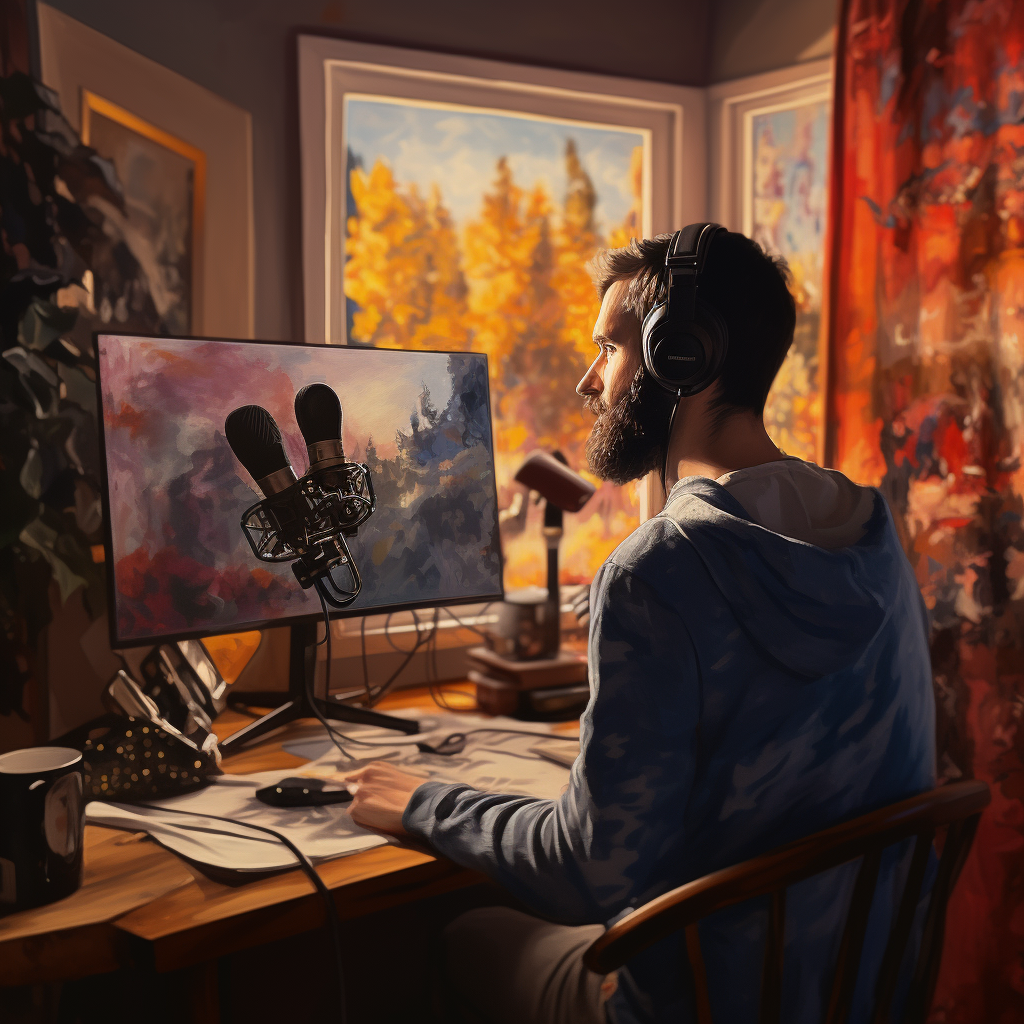 Podcaster recording episode with microphones and oil painting