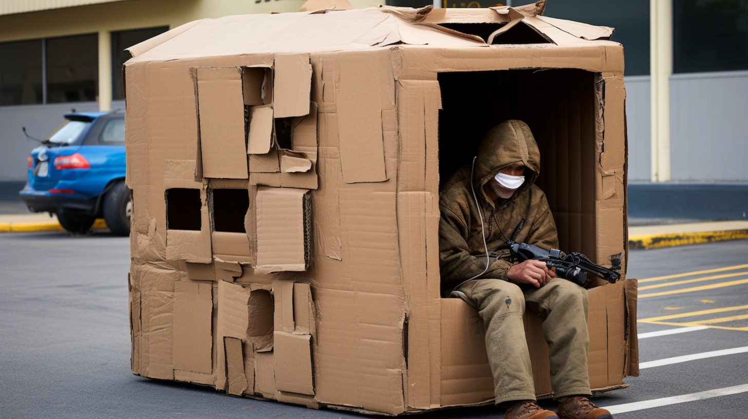 Homeless man in cardboard cell