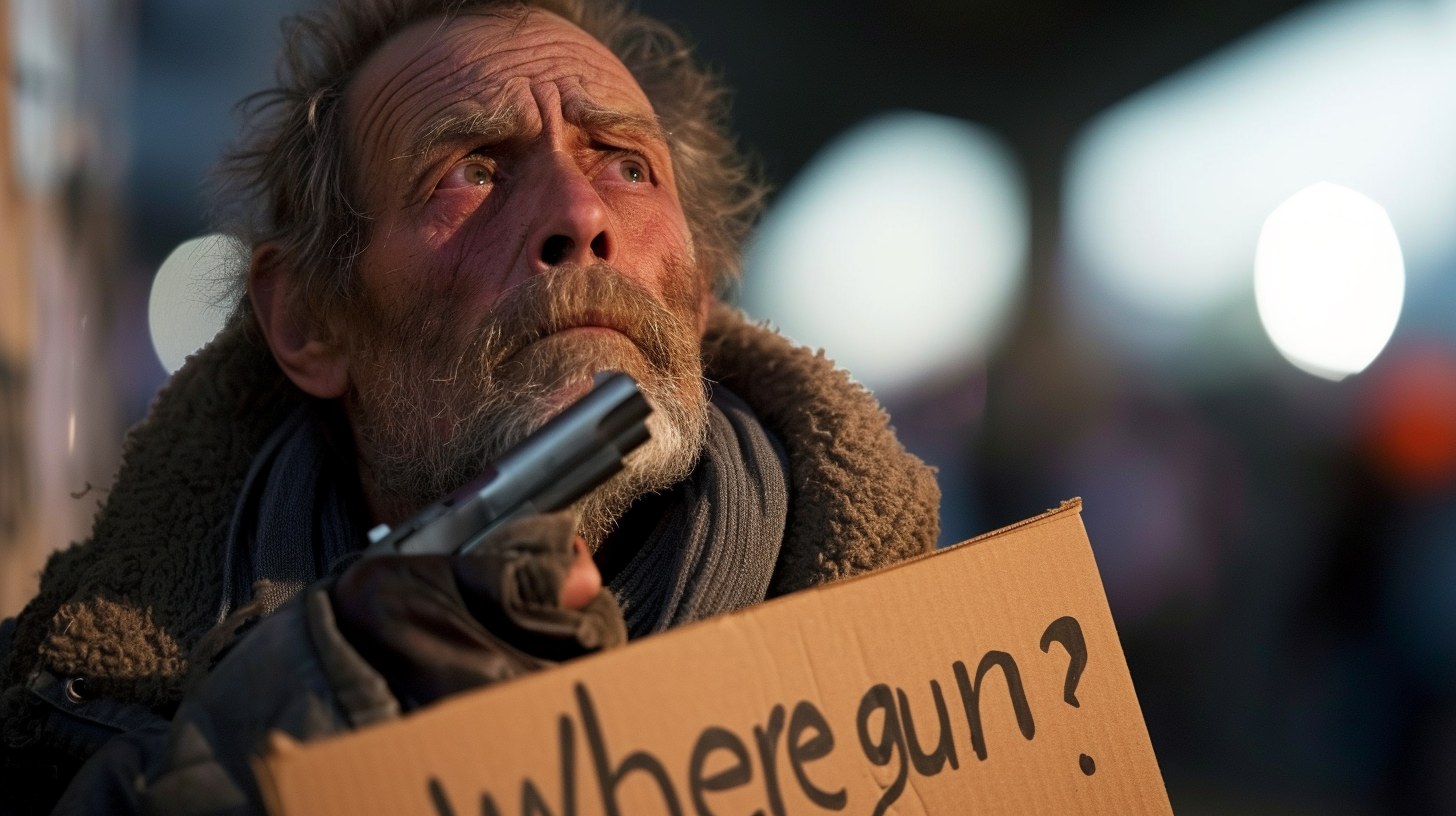 Homeless man with cardboard sign asking for a gun