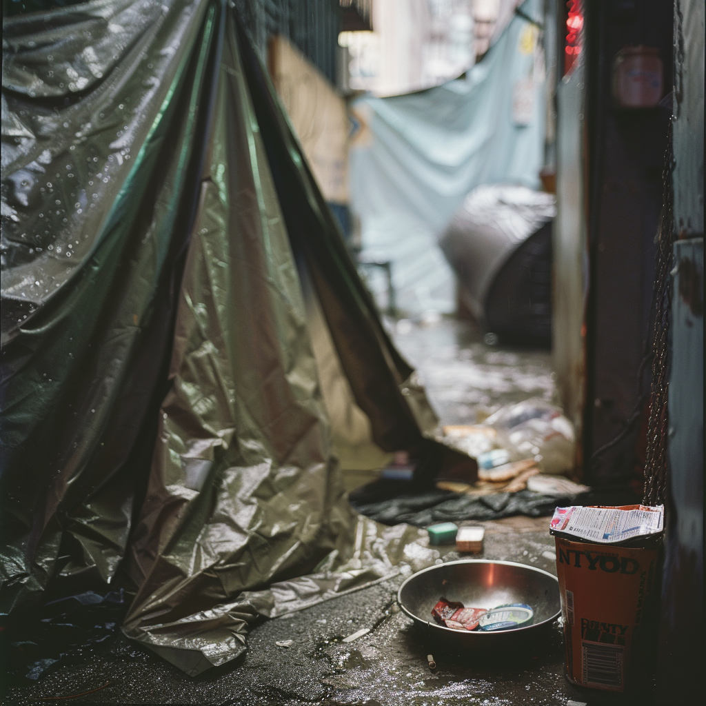 Homeless man tent with dog