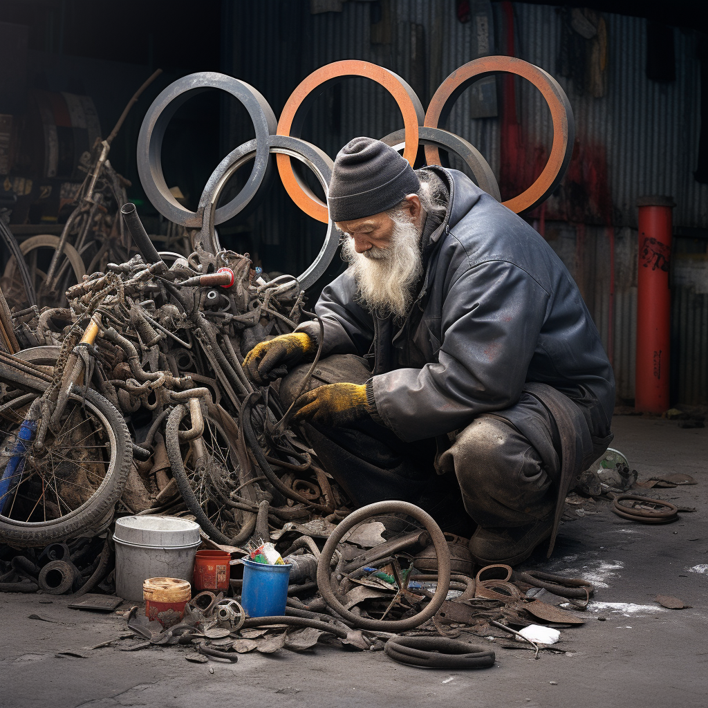 Homeless person disassembling Olympic rings for scrap metal