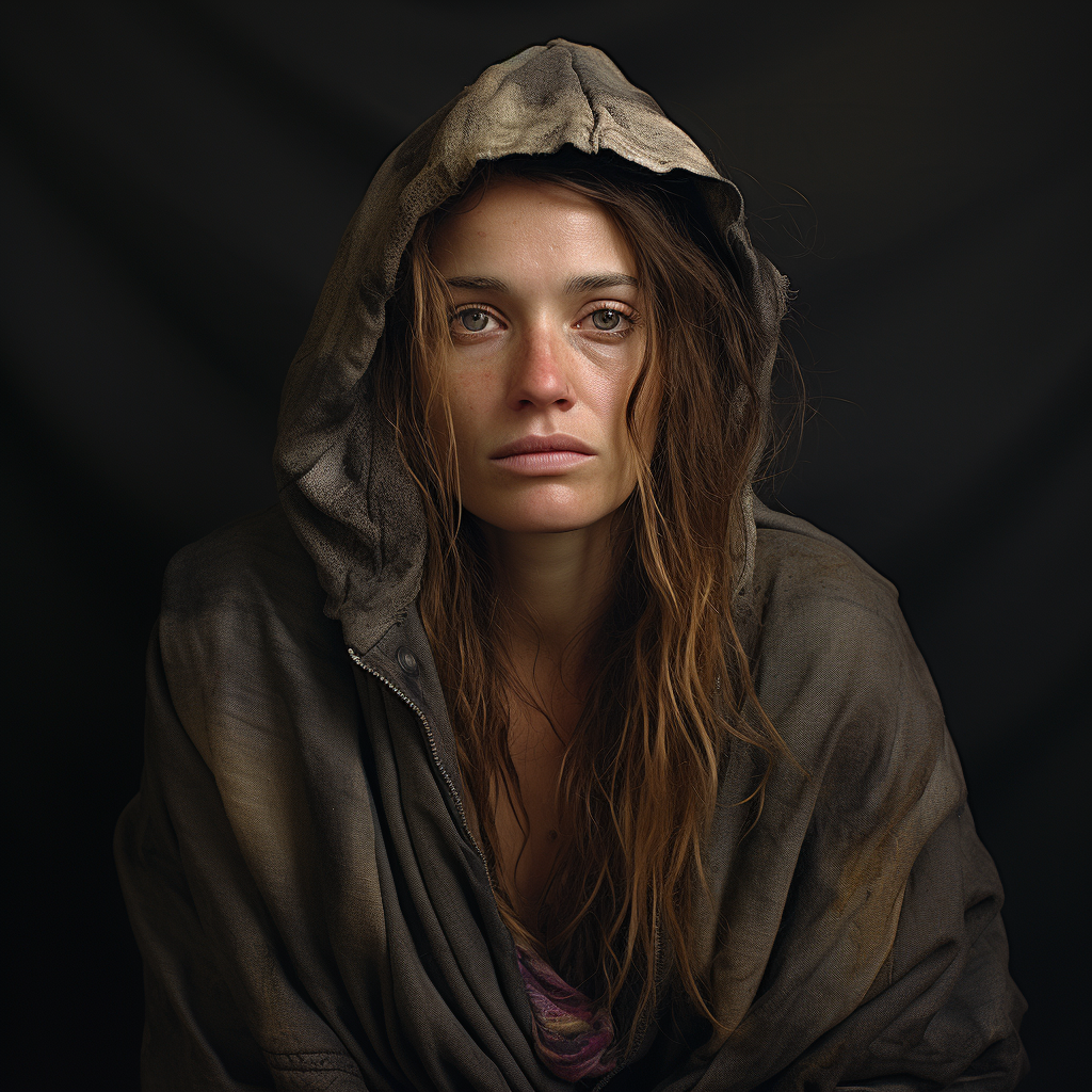 Hyperrealistic portrayal of homeless women