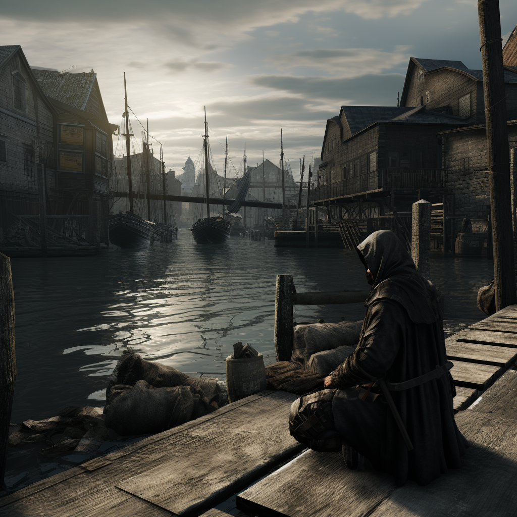 Assassin disguised as homeless person on fantasy docks