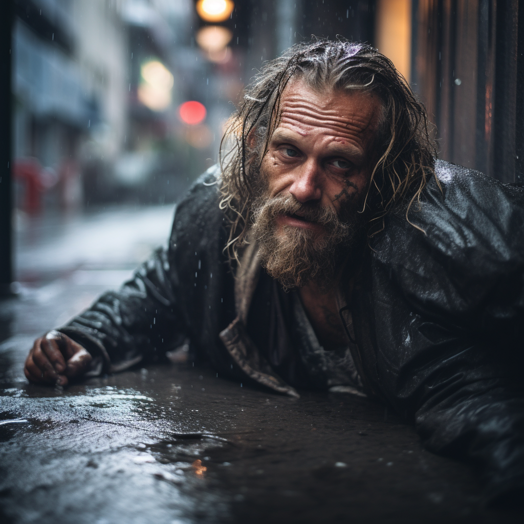 Homeless man in the rain