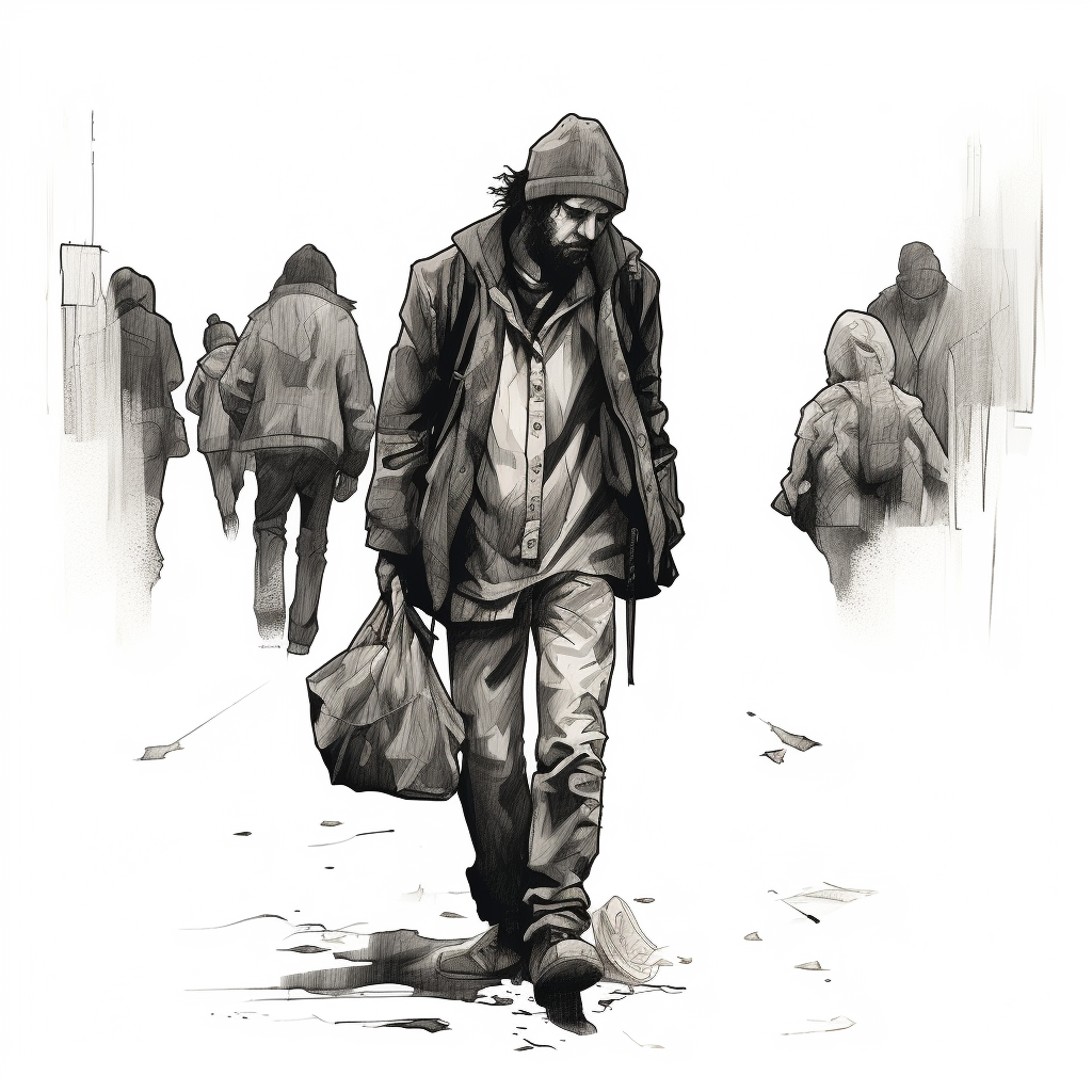 Black and white line art of a homeless man being followed