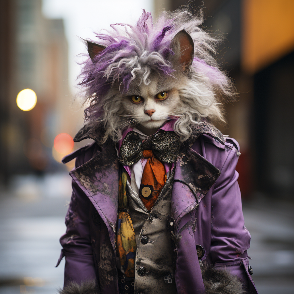 Adorable homeless Persian cat dressed as The Joker