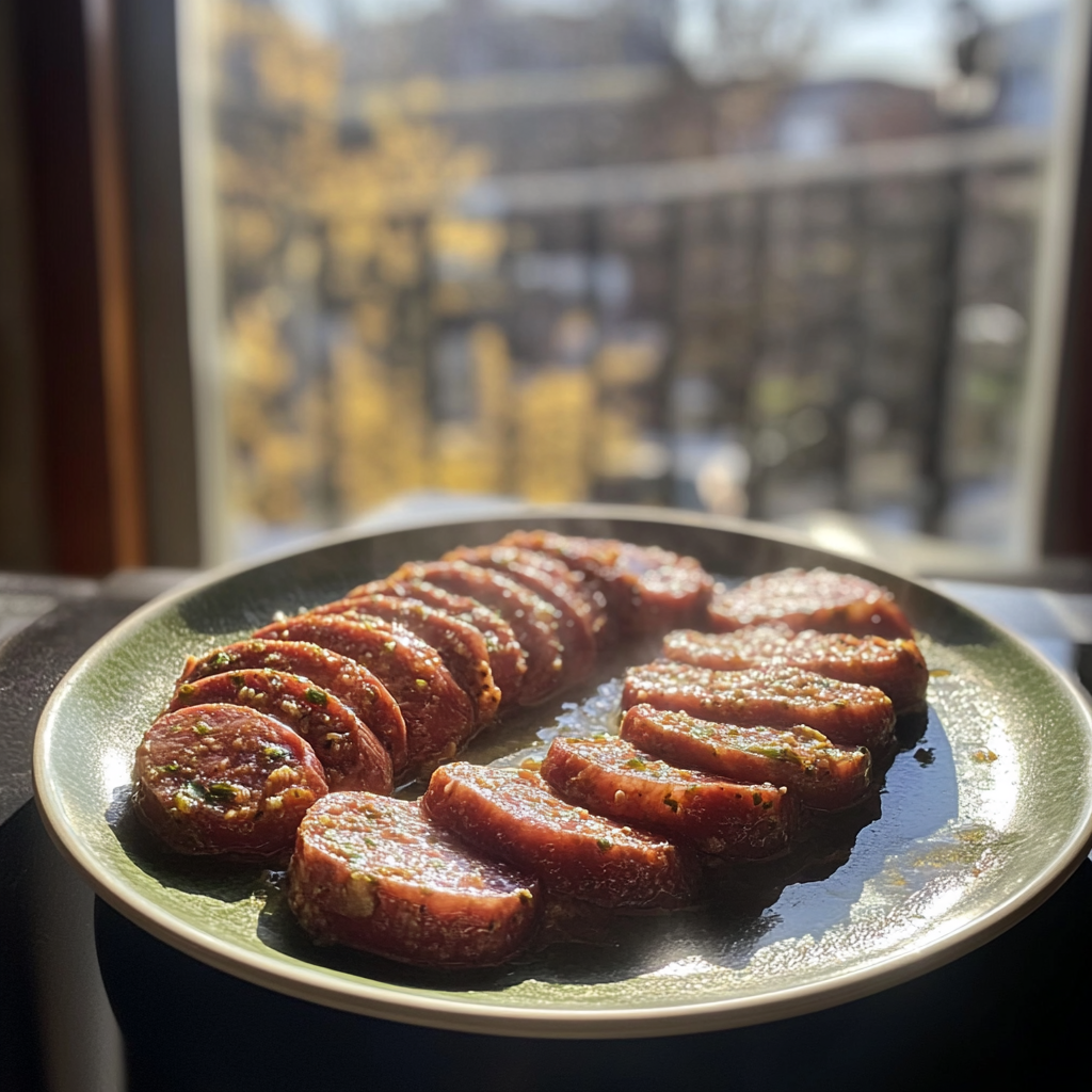 Pickled sausages on kitchen table