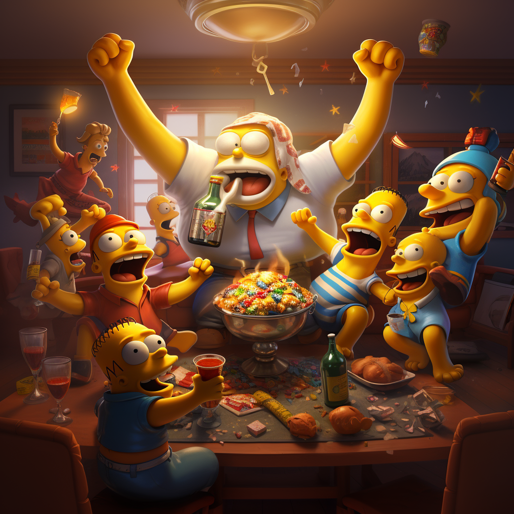 Homer and friends celebrating with cheers and toasts