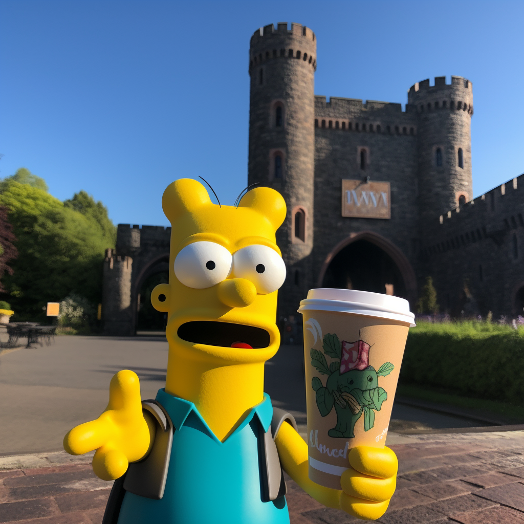 Homer Simpson holding Starbucks cup at Cardiff Castle