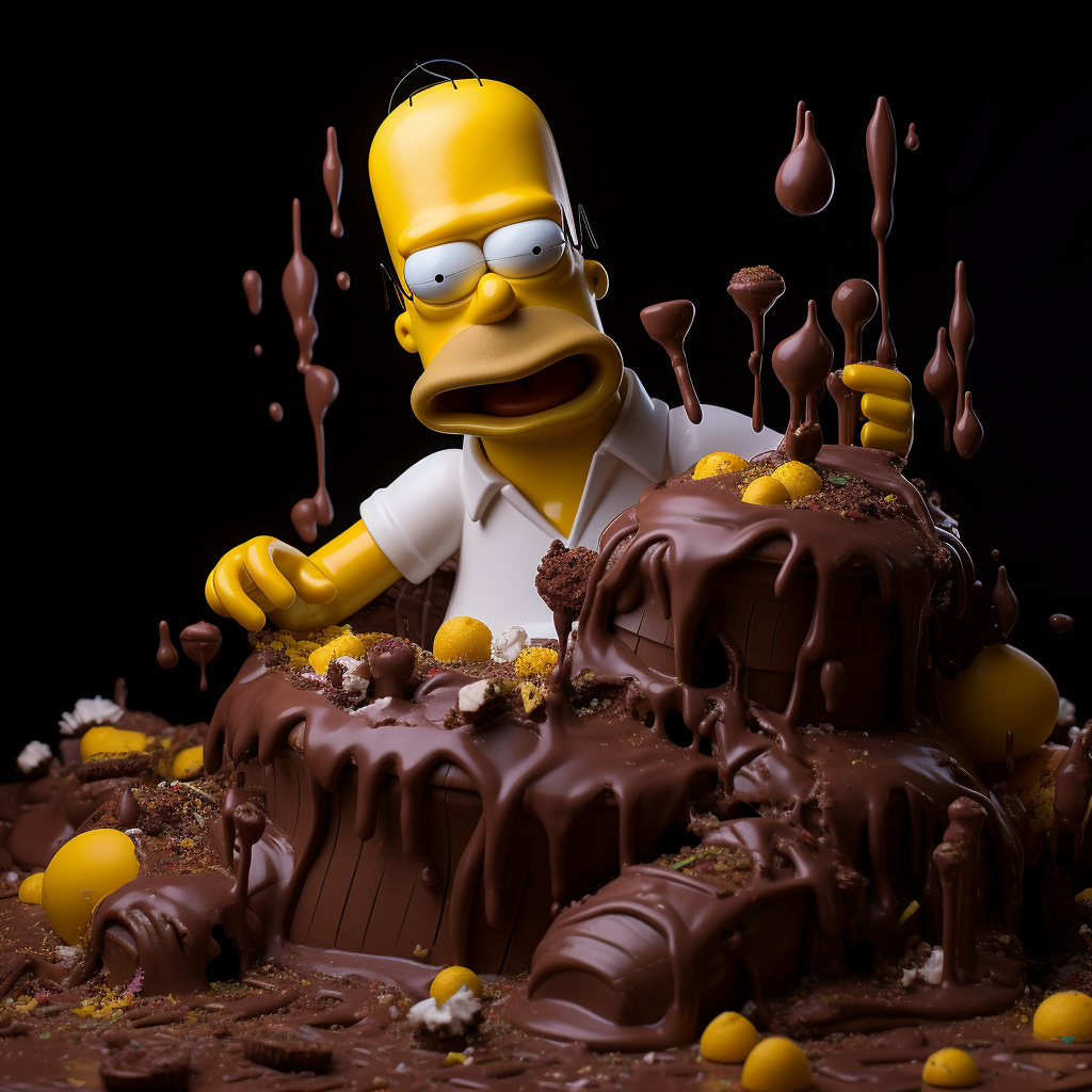 Homer Simpson surrounded by chocolate