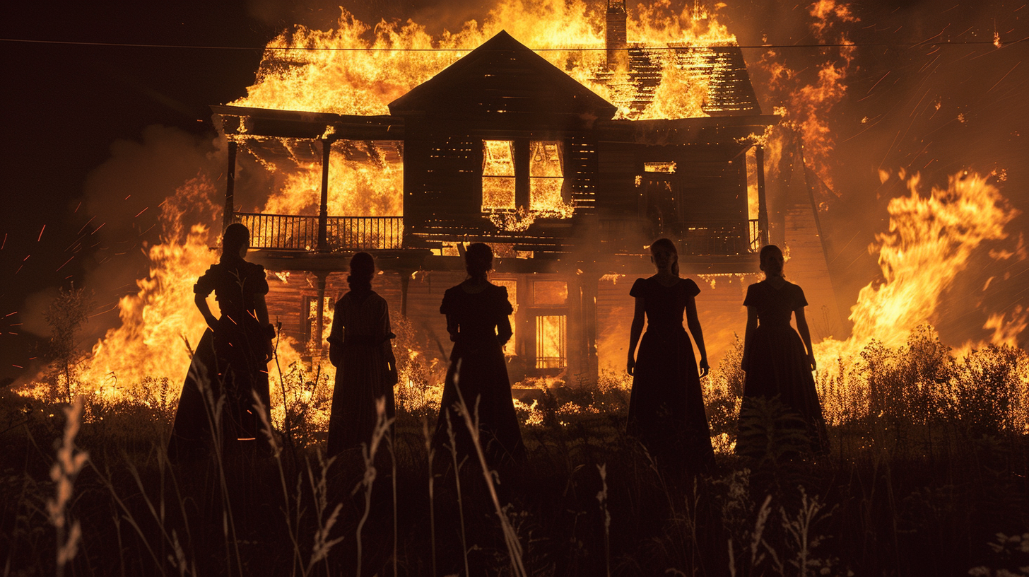 women silhouettes watching burning homestead