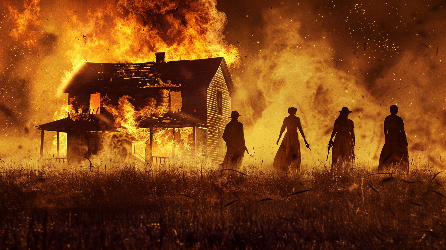 Hyperrealistic Film Still Homestead on Fire