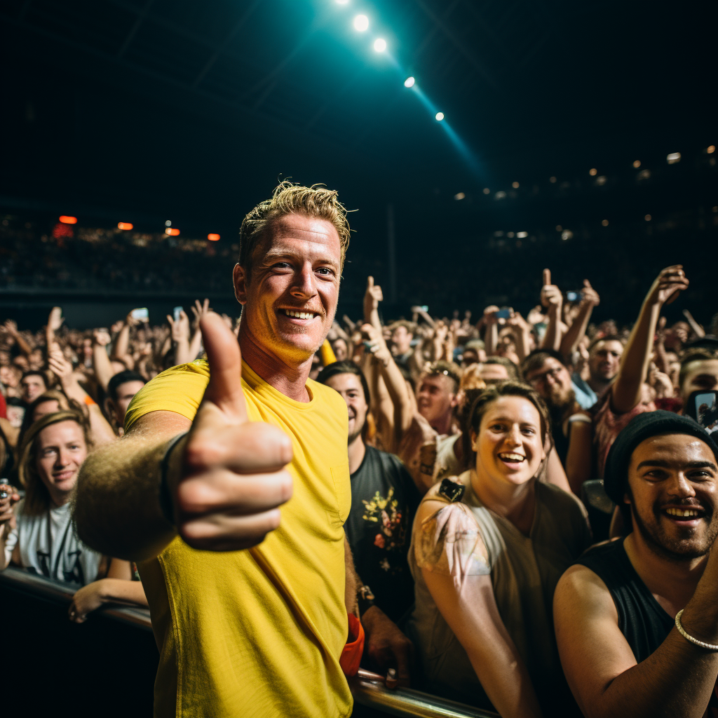 Josh Homme giving thumbs up to man in yellow shirt