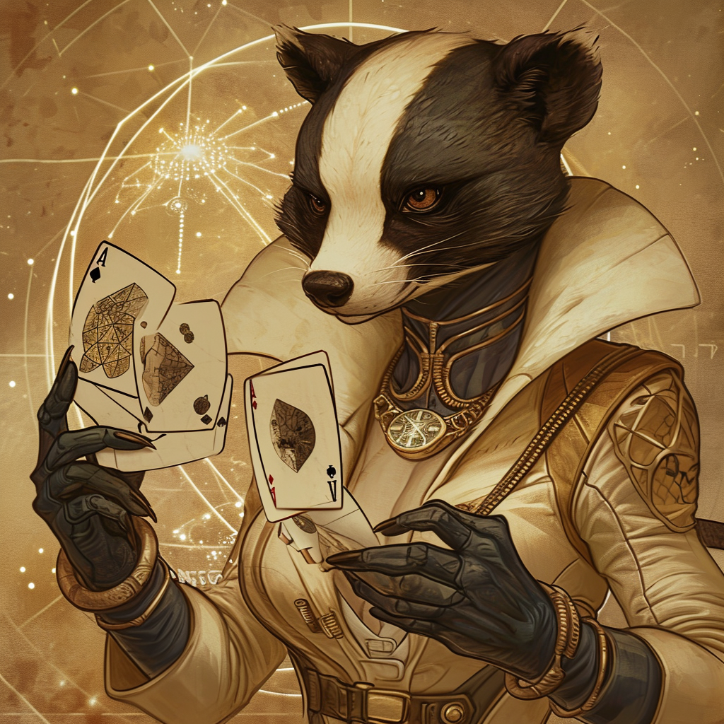 Female honey badger and snake hybrid with playing cards