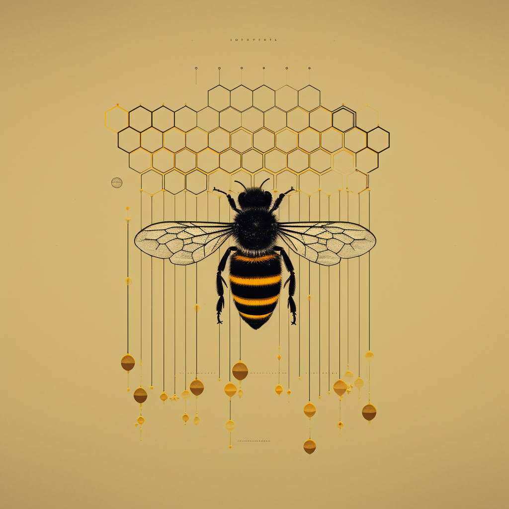 Honey Label, Bee Detail and Hive in Forest