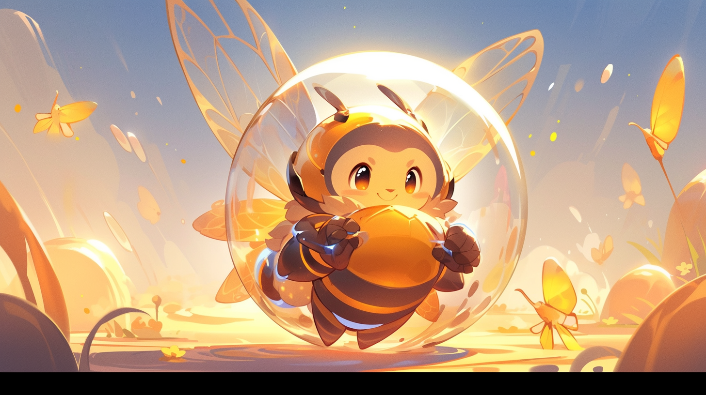 Smiling honey bee with sword and bubble shield