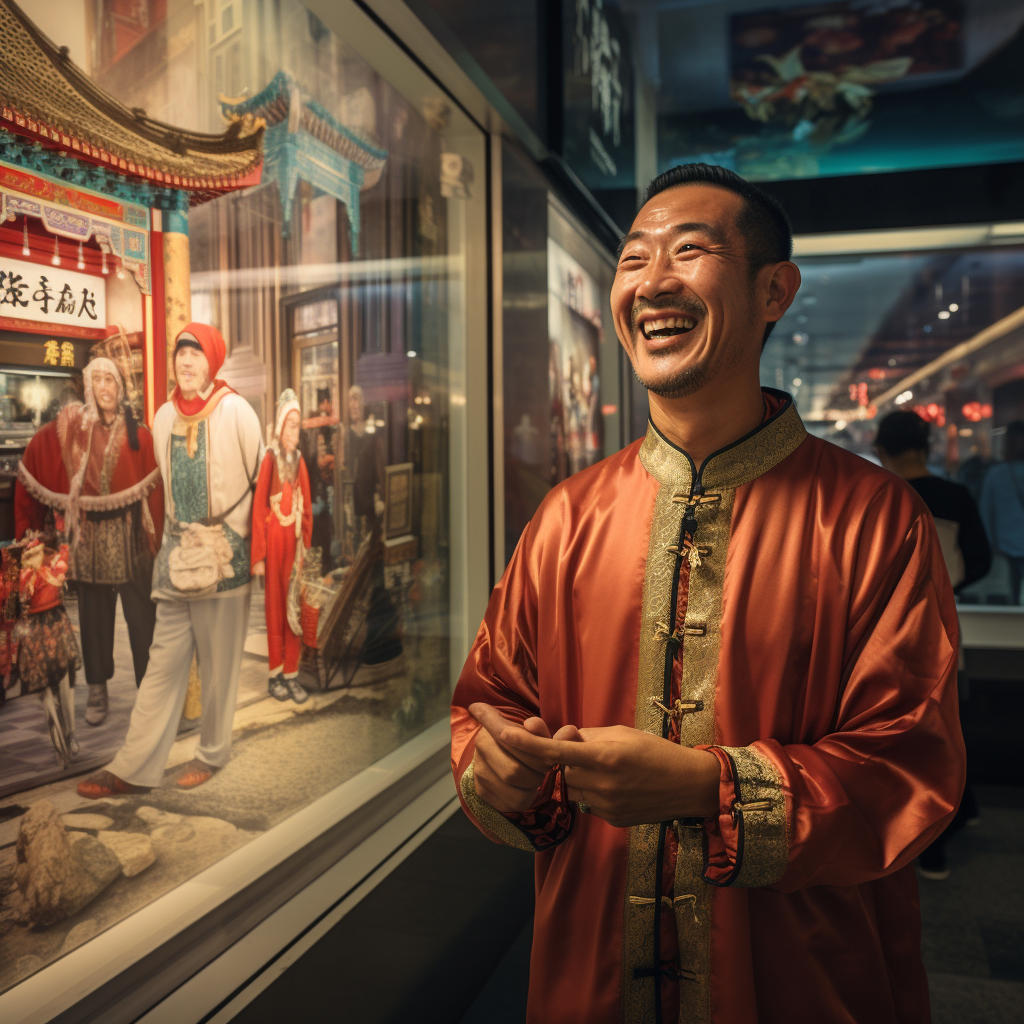 Smiling tourist at cultural heritage exhibit