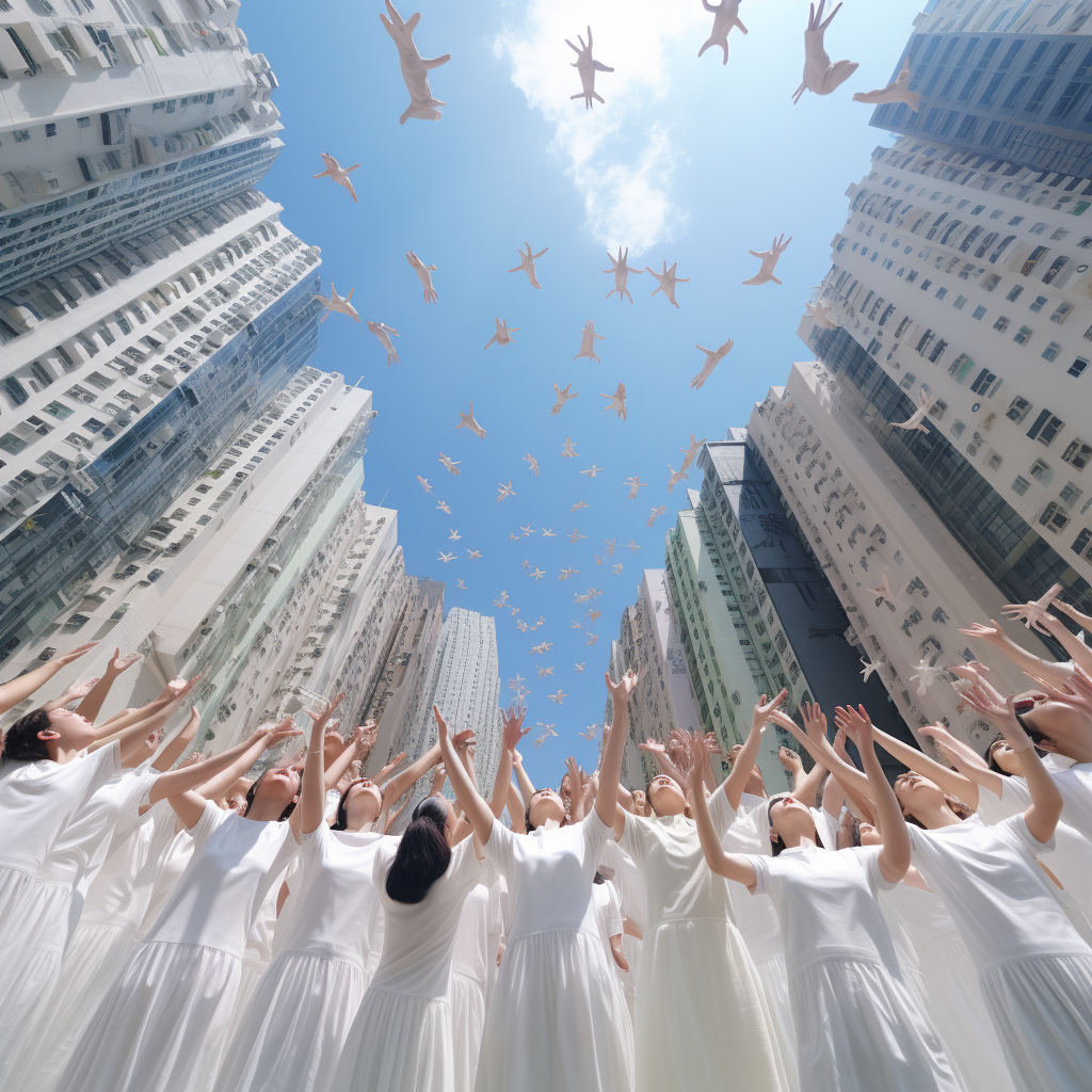 People in white ascending in the sky in Hong Kong